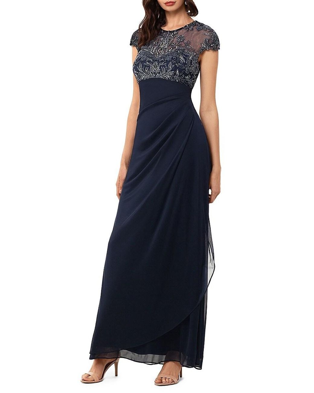 Xscape Sheer Illusion Beaded Gown in Blue