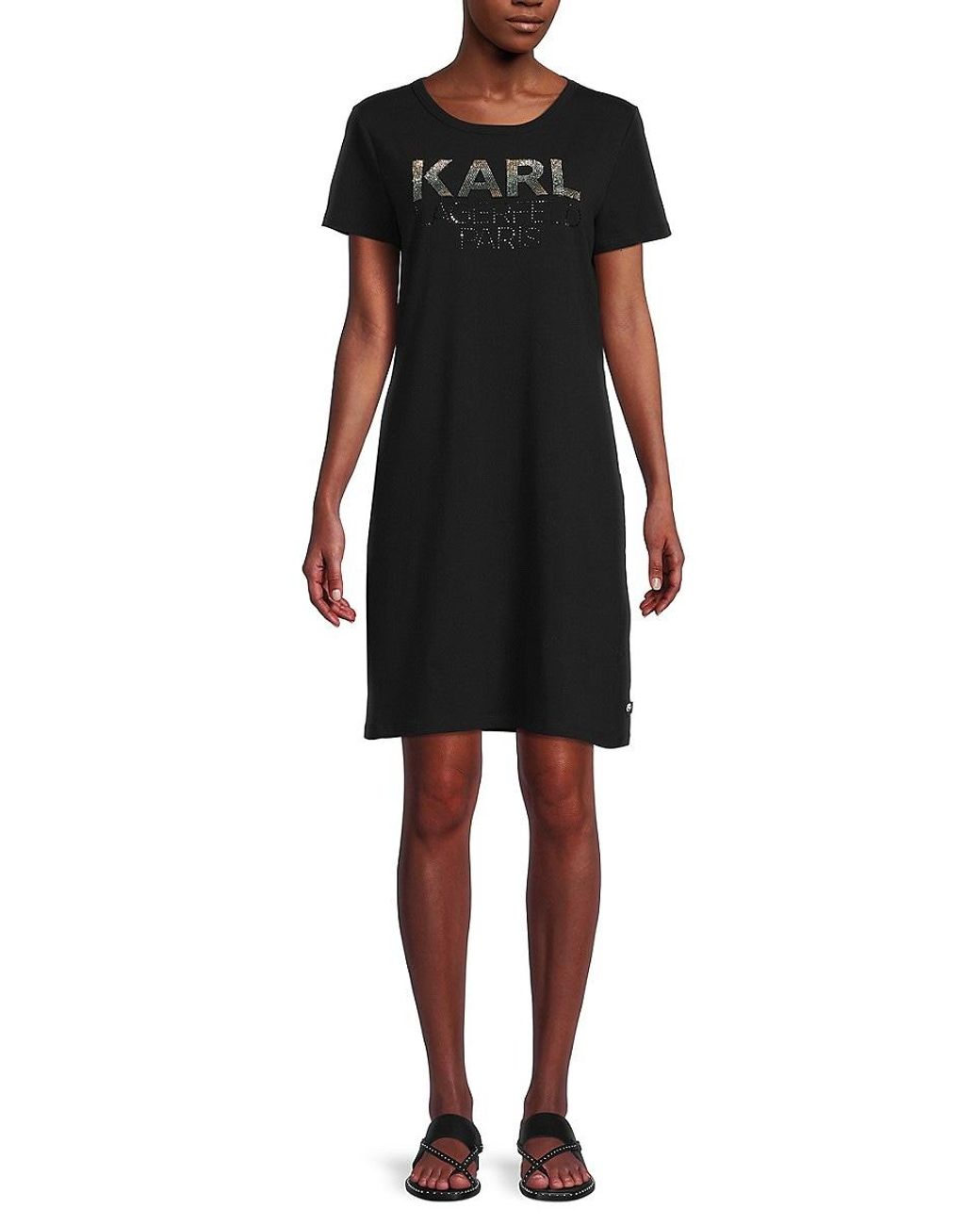 Karl Lagerfeld Rhinestone Logo T-shirt Dress in Black | Lyst