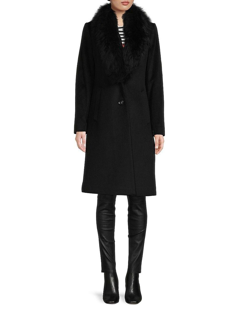 Sofia Cashmere Wool-blend Shearling Shawl Collar Coat in Black | Lyst
