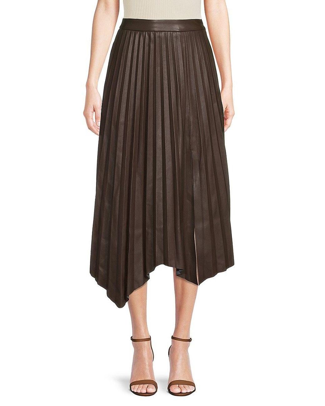 Elie Tahari Faux Leather Pleated Skirt in Brown | Lyst