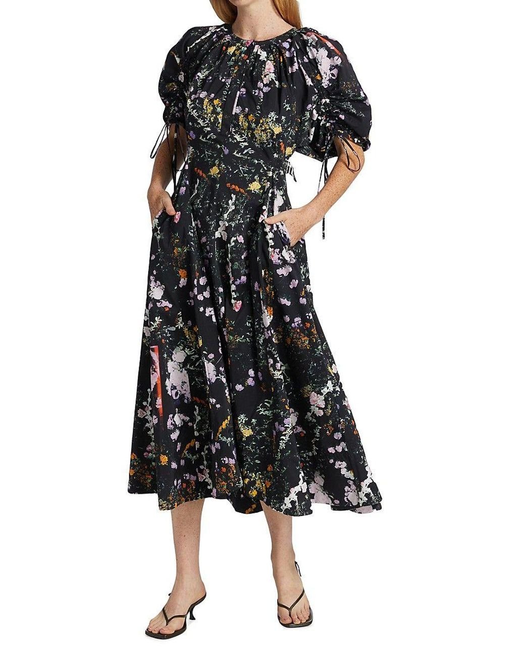 3.1 Phillip Lim Floral Shirred Puff Sleeve Midi Dress in Black | Lyst