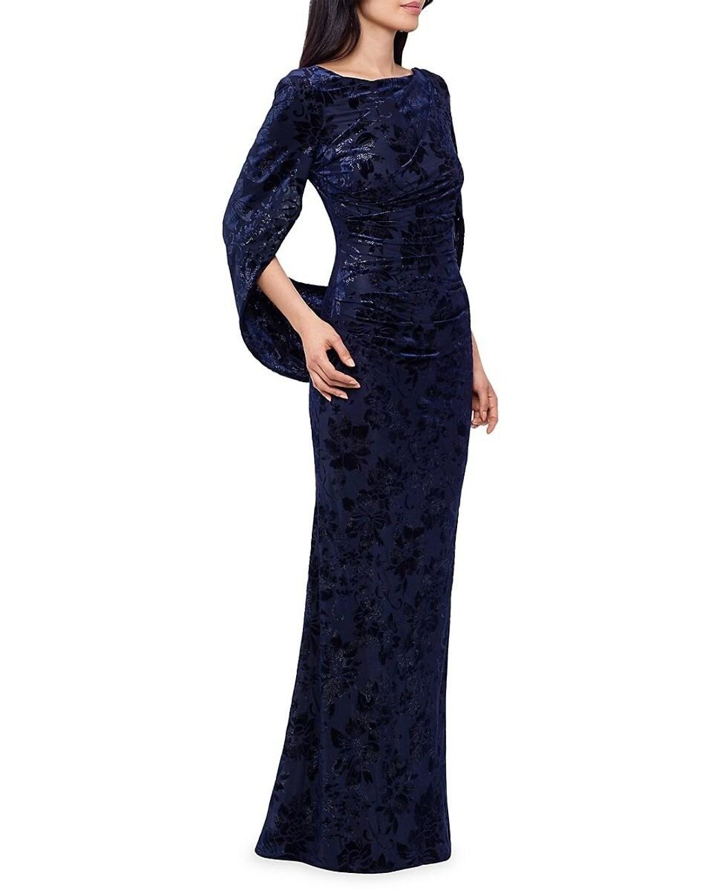 Betsy Adam Floral Burnout Velvet Cape Gown in Blue Lyst