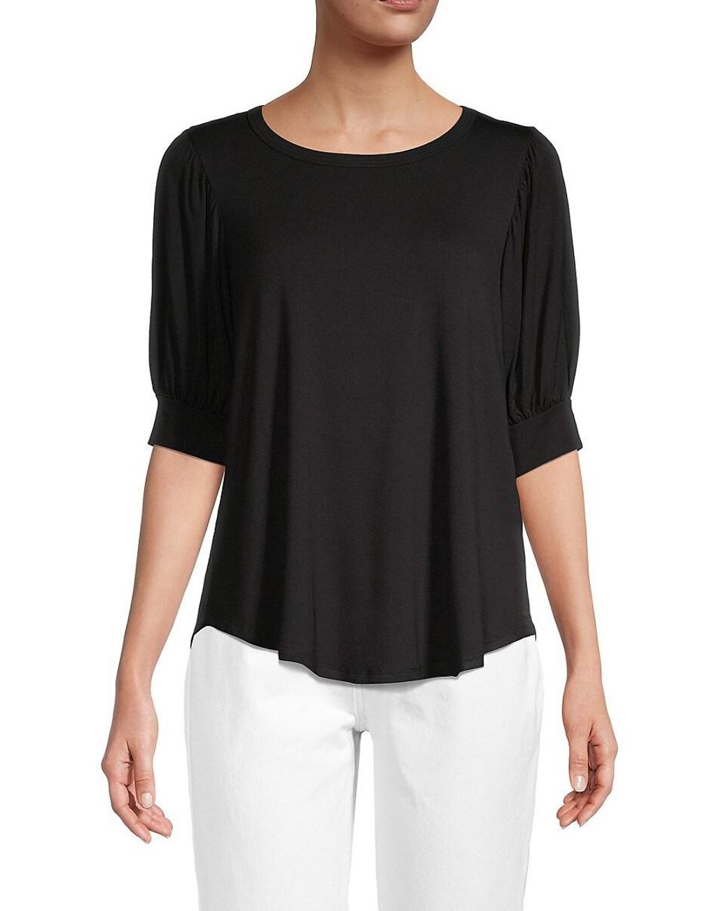Joan Vass Solid-hued Puff-sleeve Top in Black | Lyst