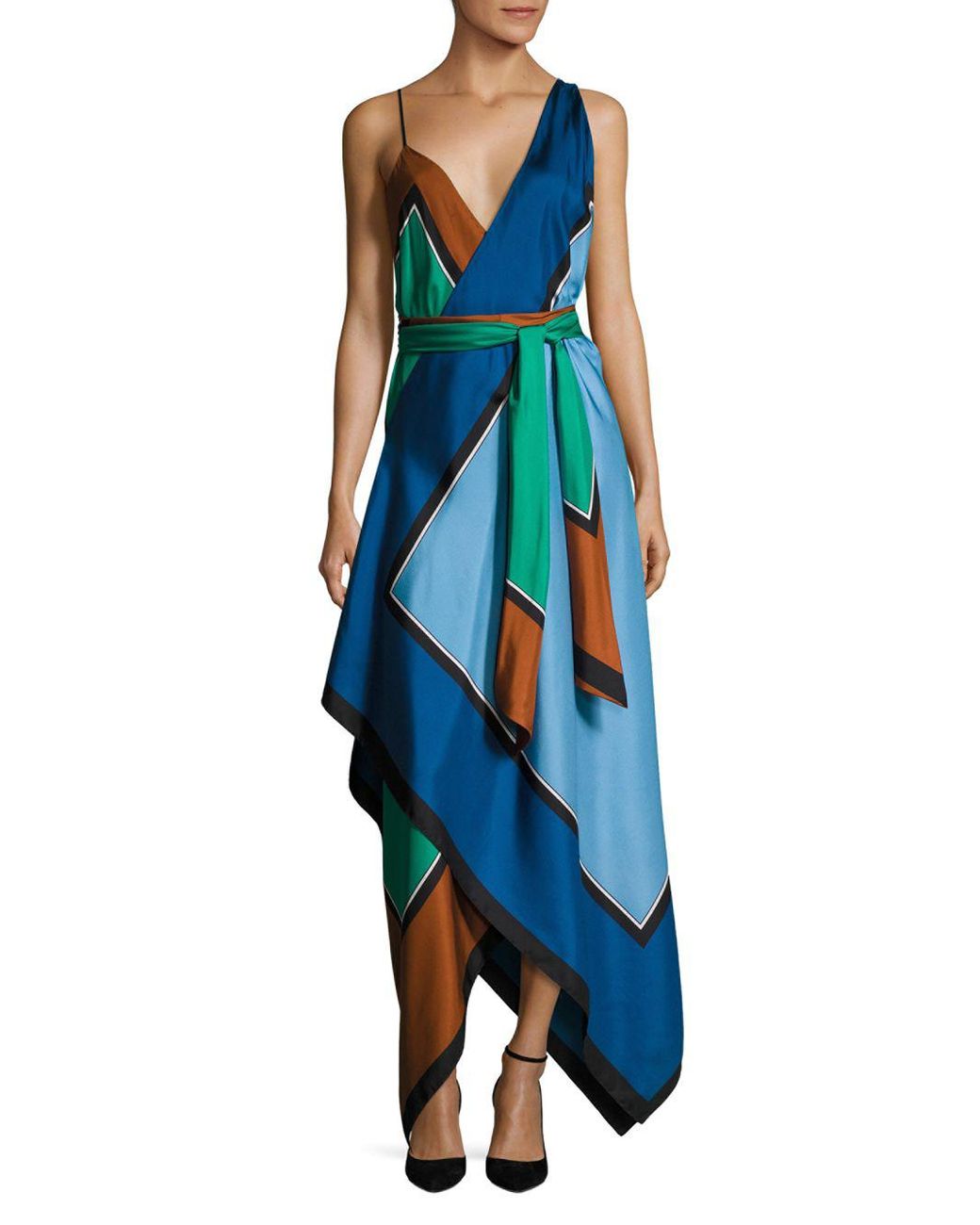 Diane von Furstenberg Scarf Hem Tiered Silk Midi Dress in Blue