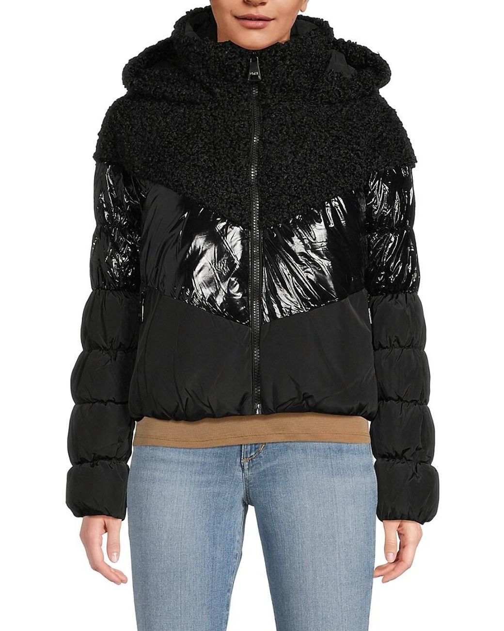 St. John Dkny Mixed Media Faux Shearling Hooded Puffer Jacket in Black |  Lyst UK