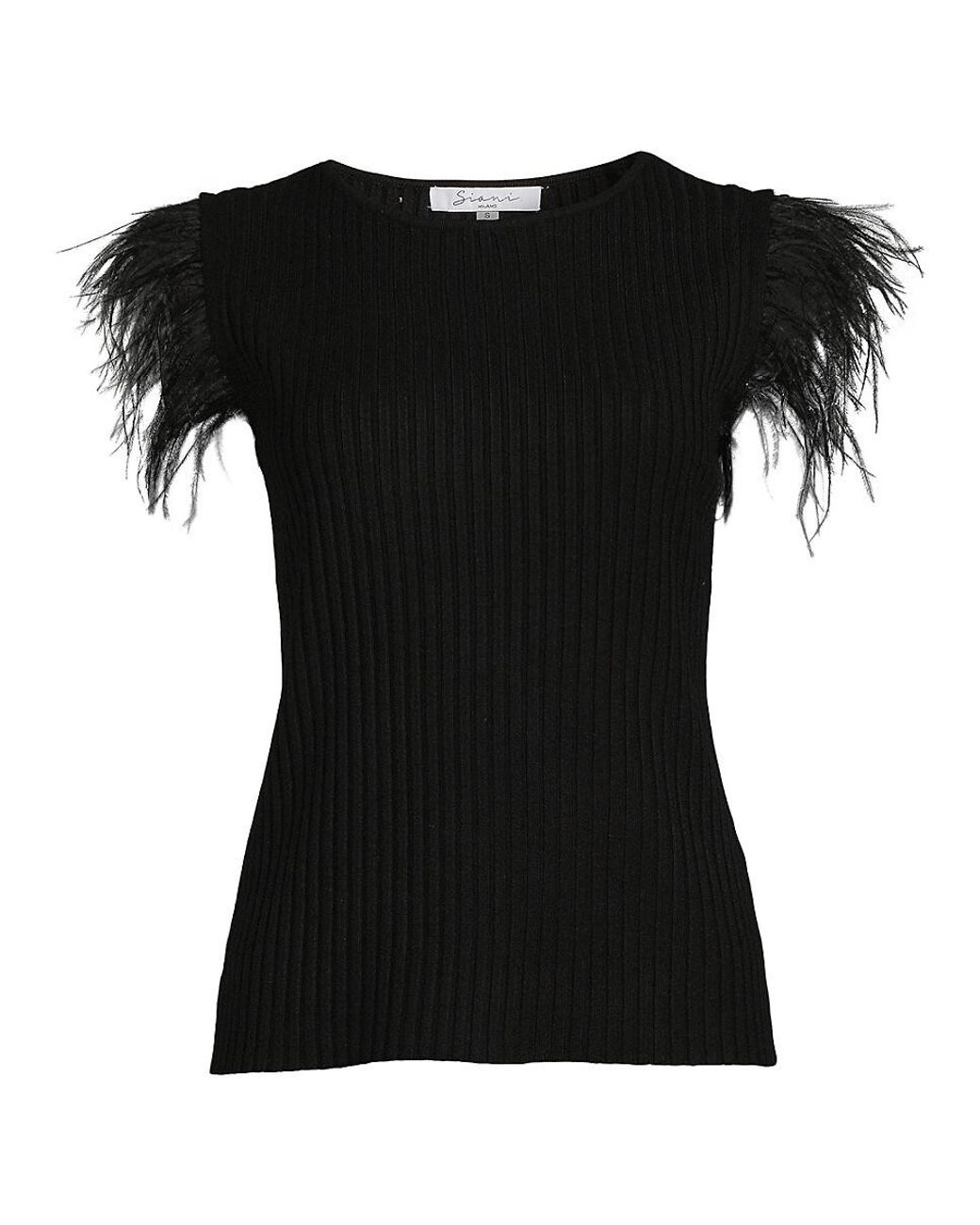 Black Ribbed Sweater Top - Ribbed Knit Top - Feather Trimmed Top - Lulus