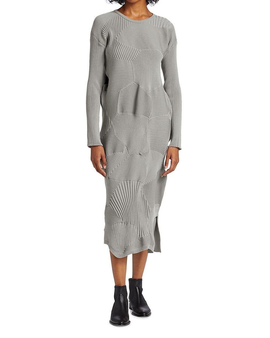 Issey Miyake Kone Ribbed Long Sleeve Dress in Gray | Lyst