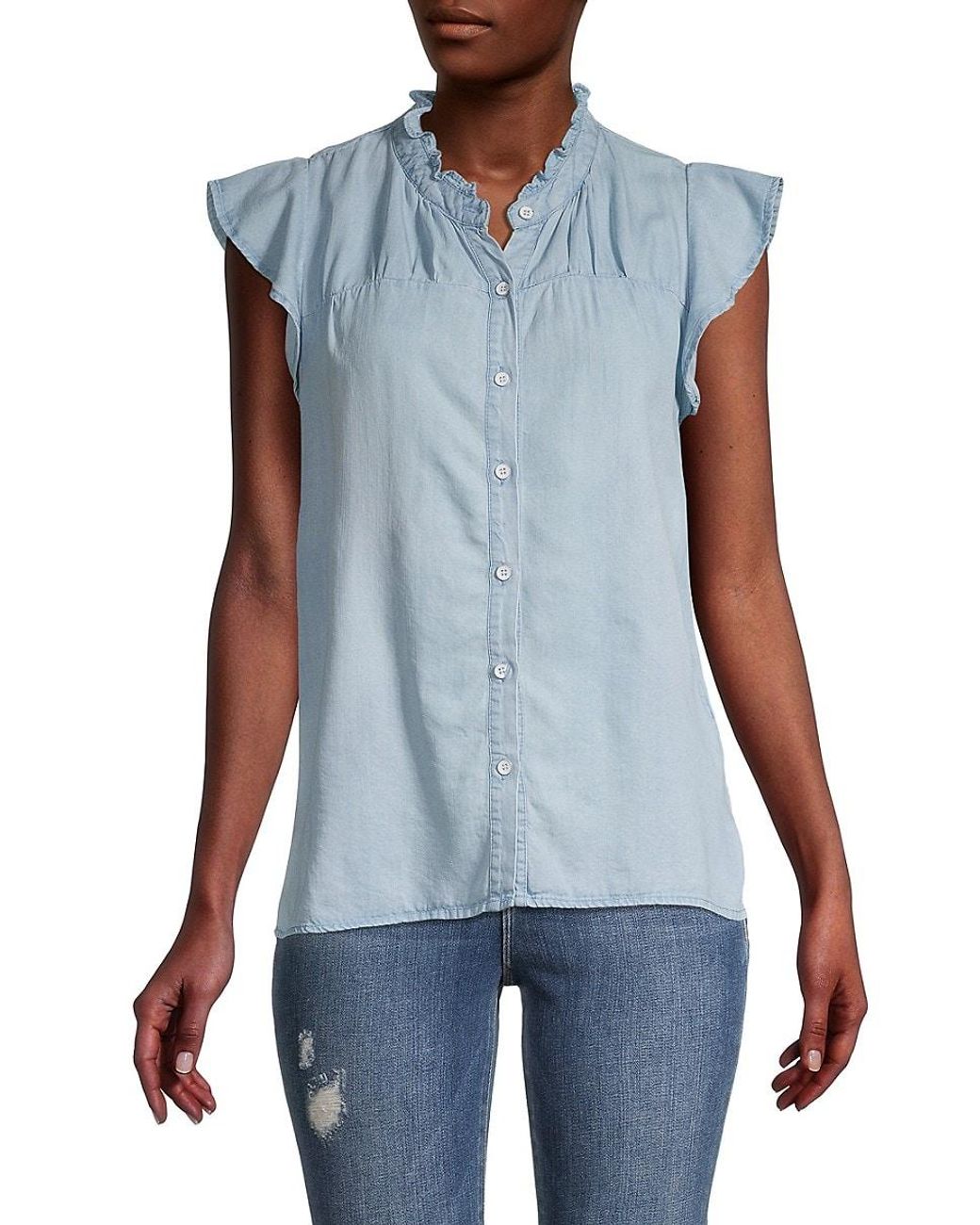 denim shirt with ruffle sleeves