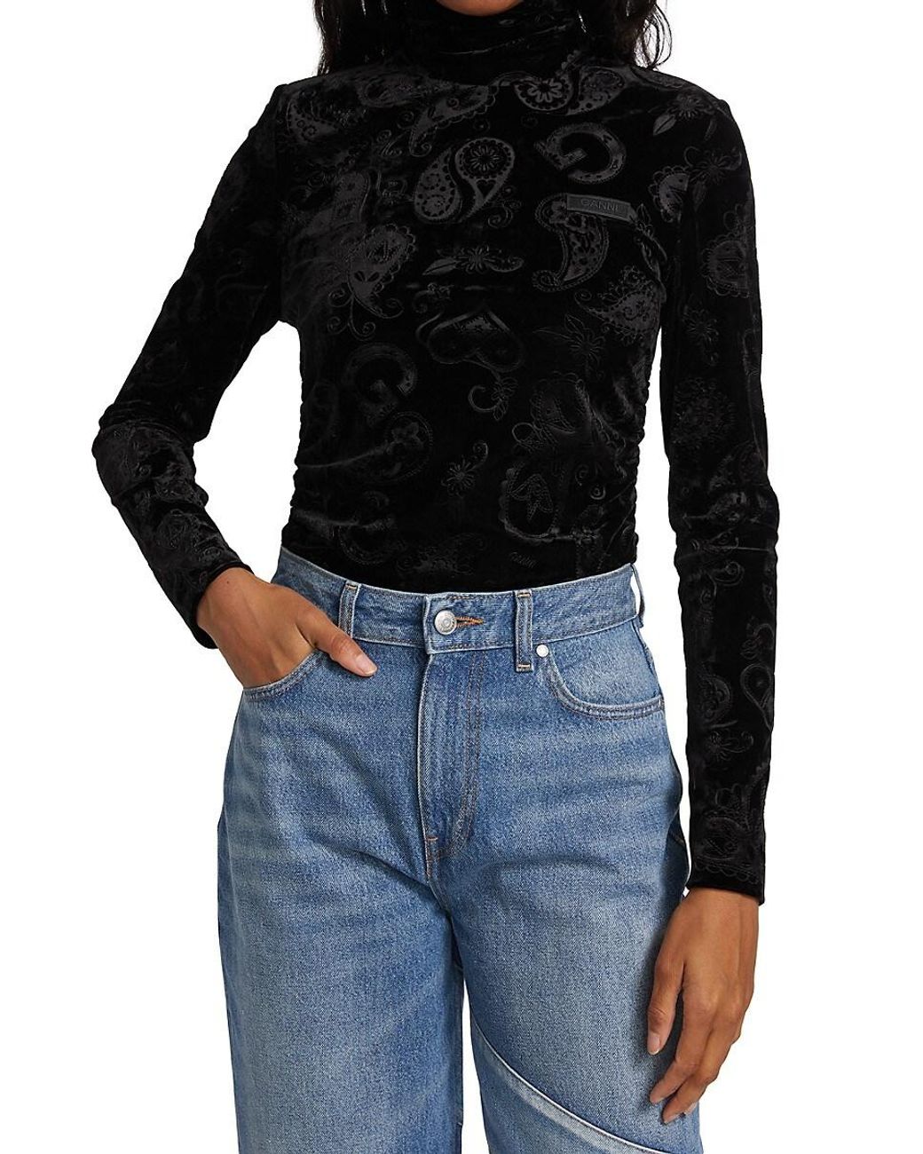 Ganni Velvet Turtleneck Sweater in Black | Lyst