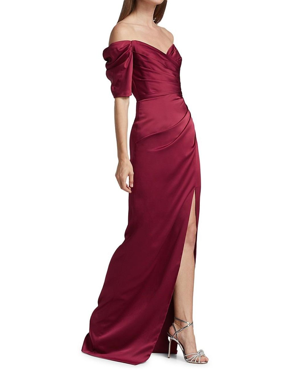 THEIA Satin Sienna Off-the-shoulder Gown in Garnet (Red) | Lyst