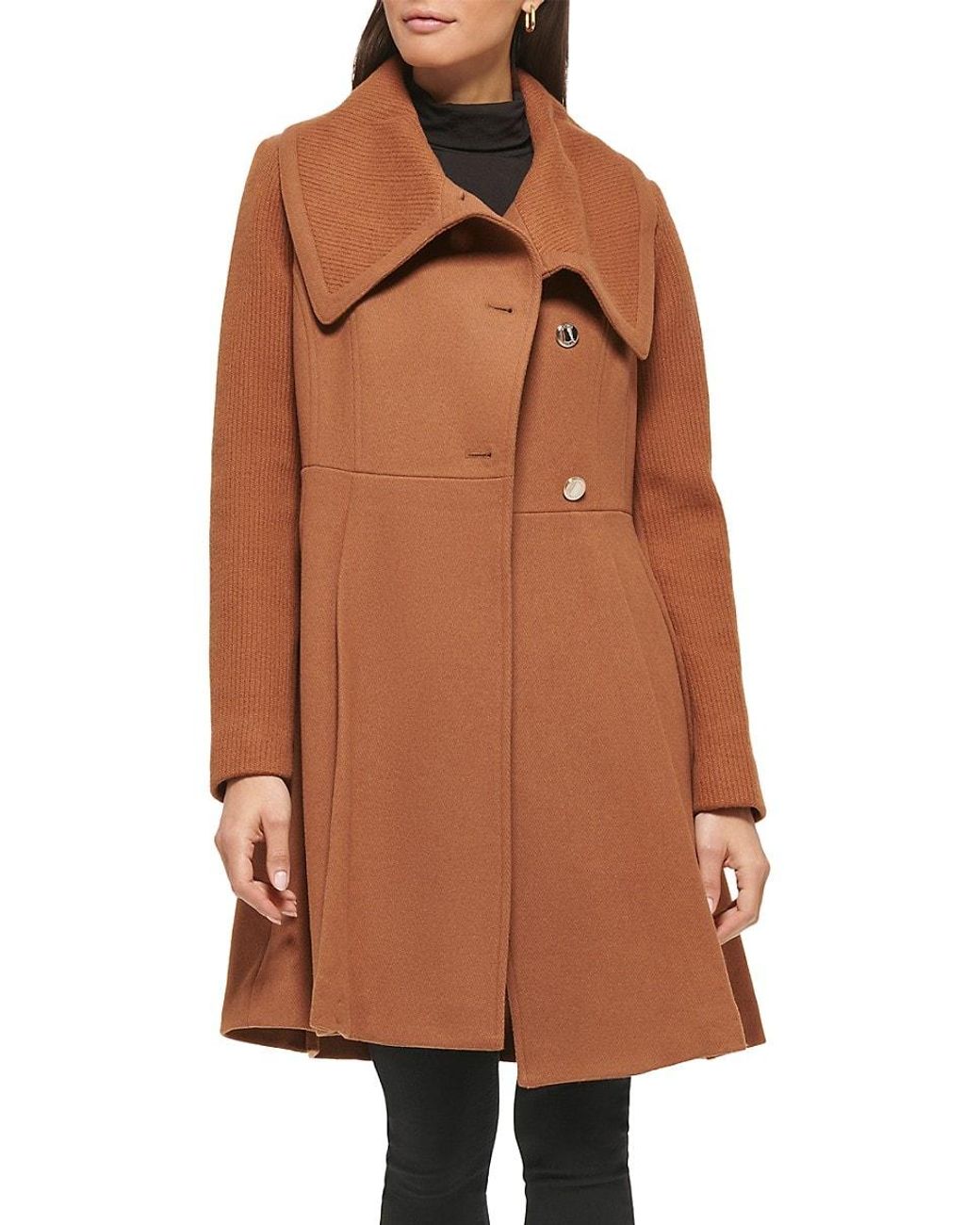 Guess Pleated Wool Blend Flared Coat in Brown Lyst