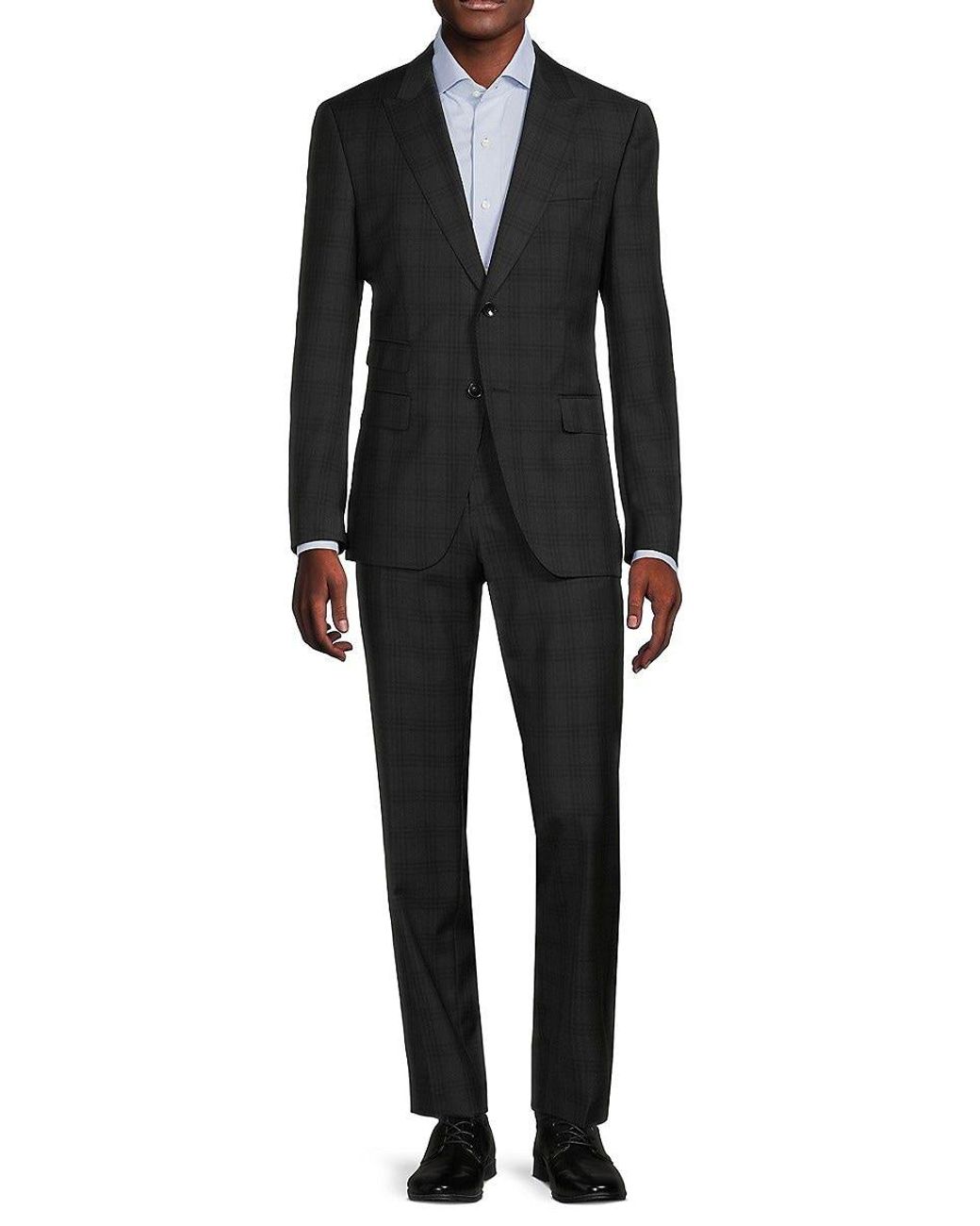 BOSS Hhuge 2piece Slim Fit Plaid Virgin Wool Suit in Black for Men Lyst