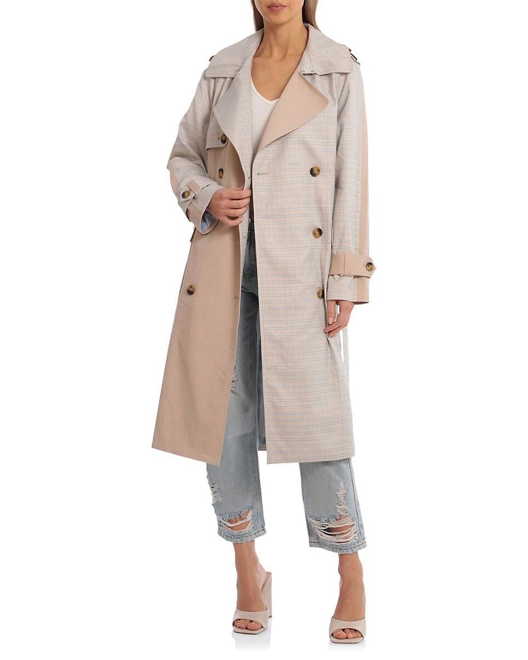 Avec Les Filles Plaid Colorblock Cut-and-sew Trench Coat in Natural | Lyst