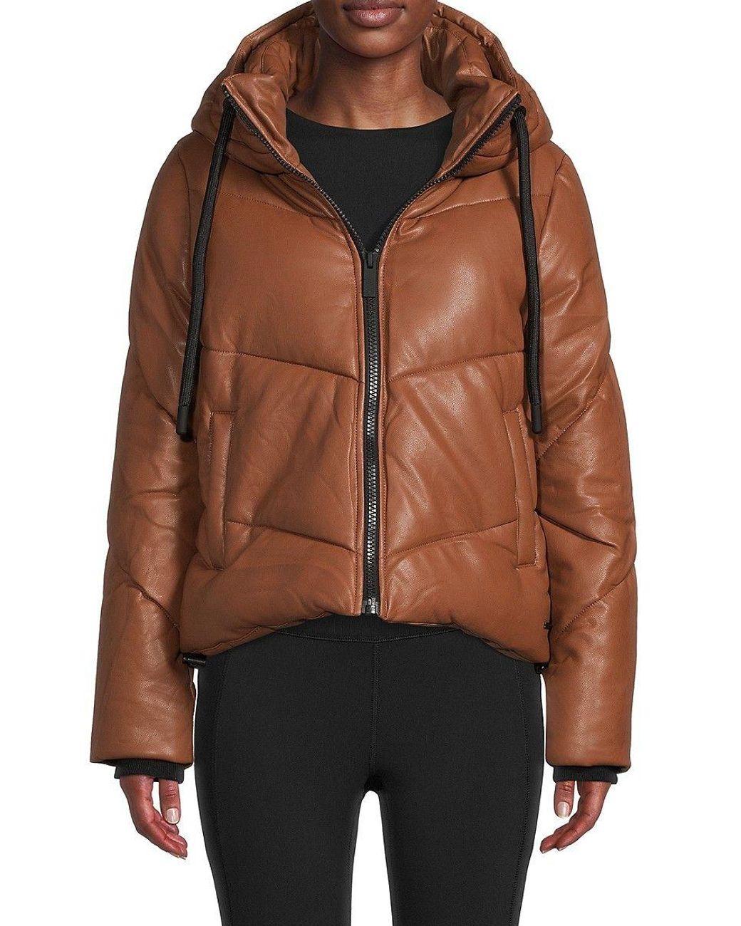 Andrew Marc Faux Leather Puffer Jacket in Brown | Lyst