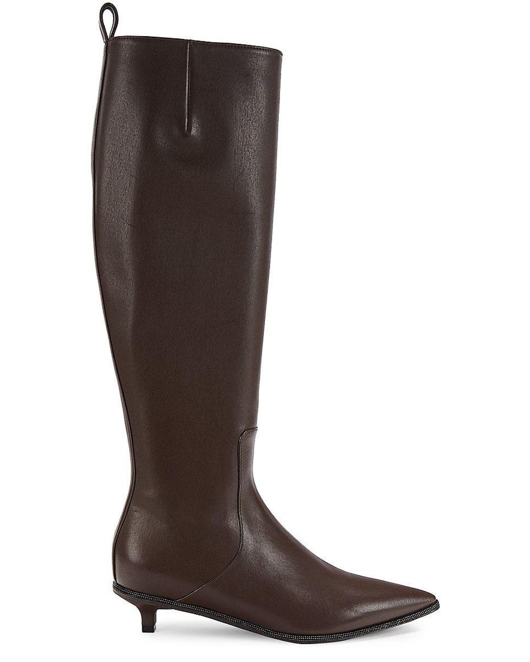 Brunello Cucinelli Kitten Heel Leather Knee High Boots in Brown | Lyst