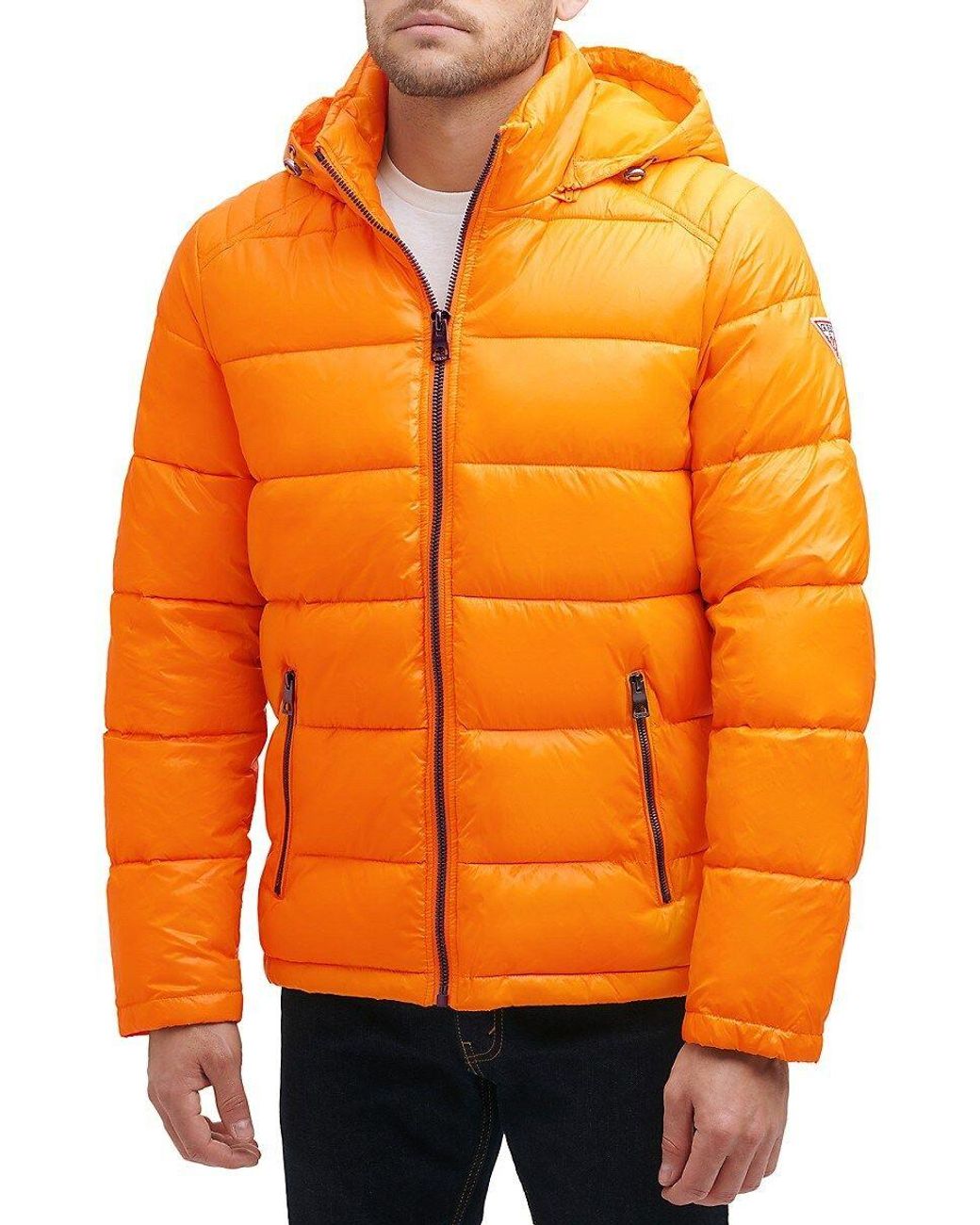 Guess Quilted Zip Up Puffer Jacket in Orange for Men | Lyst