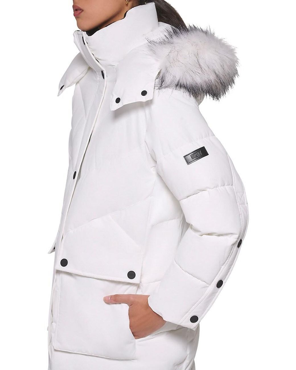 DKNY Faux Fur Trim Long Puffer Coat in White Lyst UK