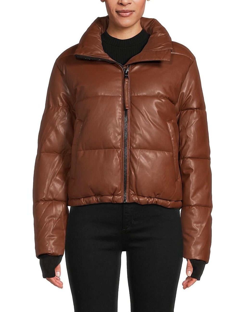 Faux Leather Puffer Jacket in Brown Lyst