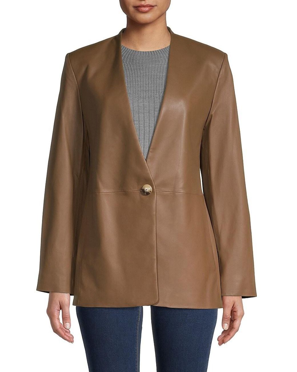 Vince Collarless Leather Blazer in Brown Lyst