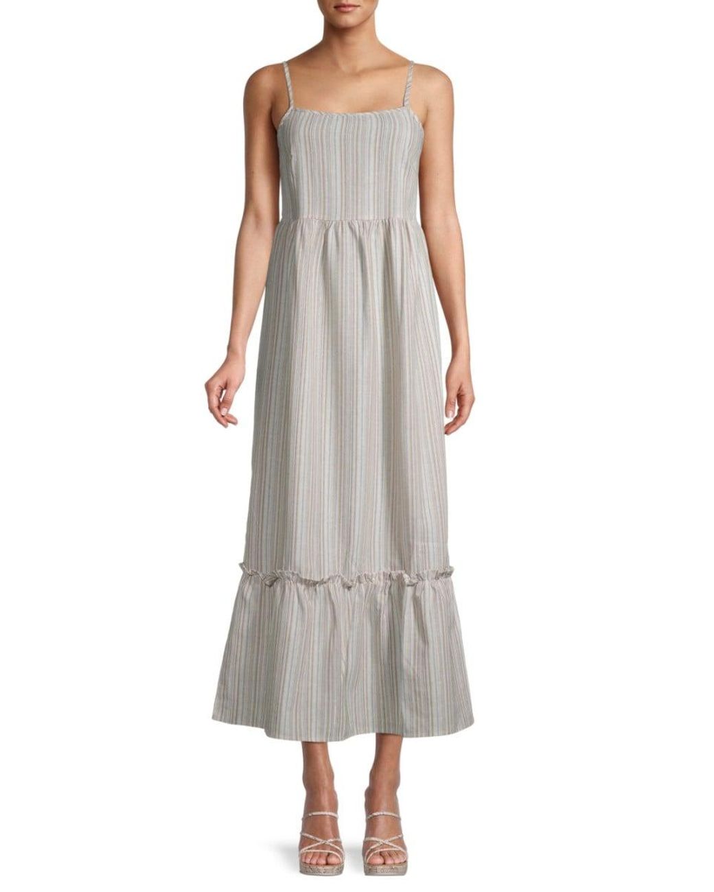 Saks Fifth Avenue Linen Women's Striped Ruffle-hem Midi Dress - Beige Blue Stripe - Size S in 
