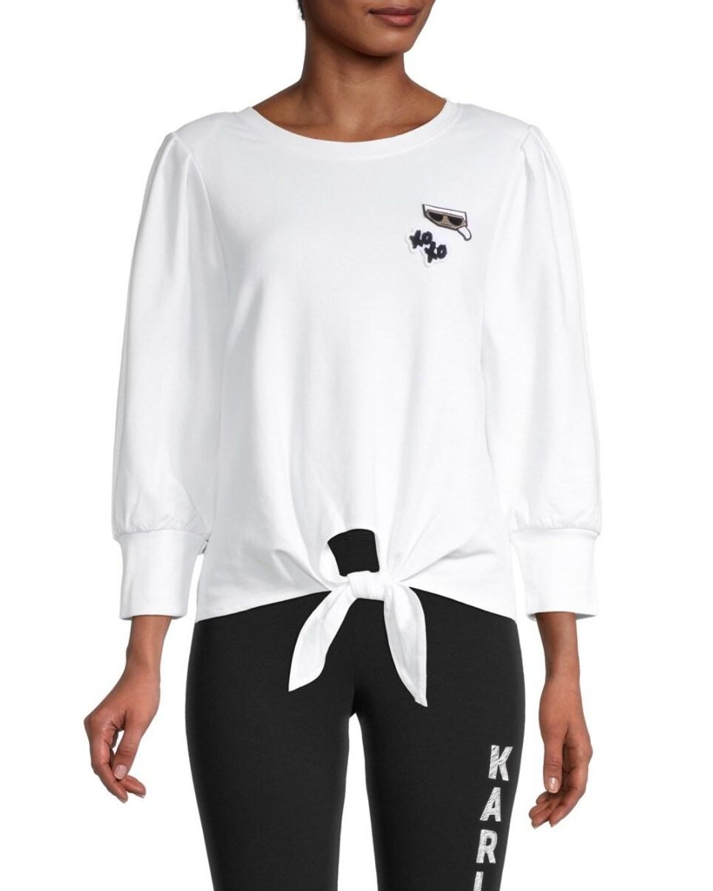 Karl Lagerfeld Tie-front Long-sleeve Top in White | Lyst