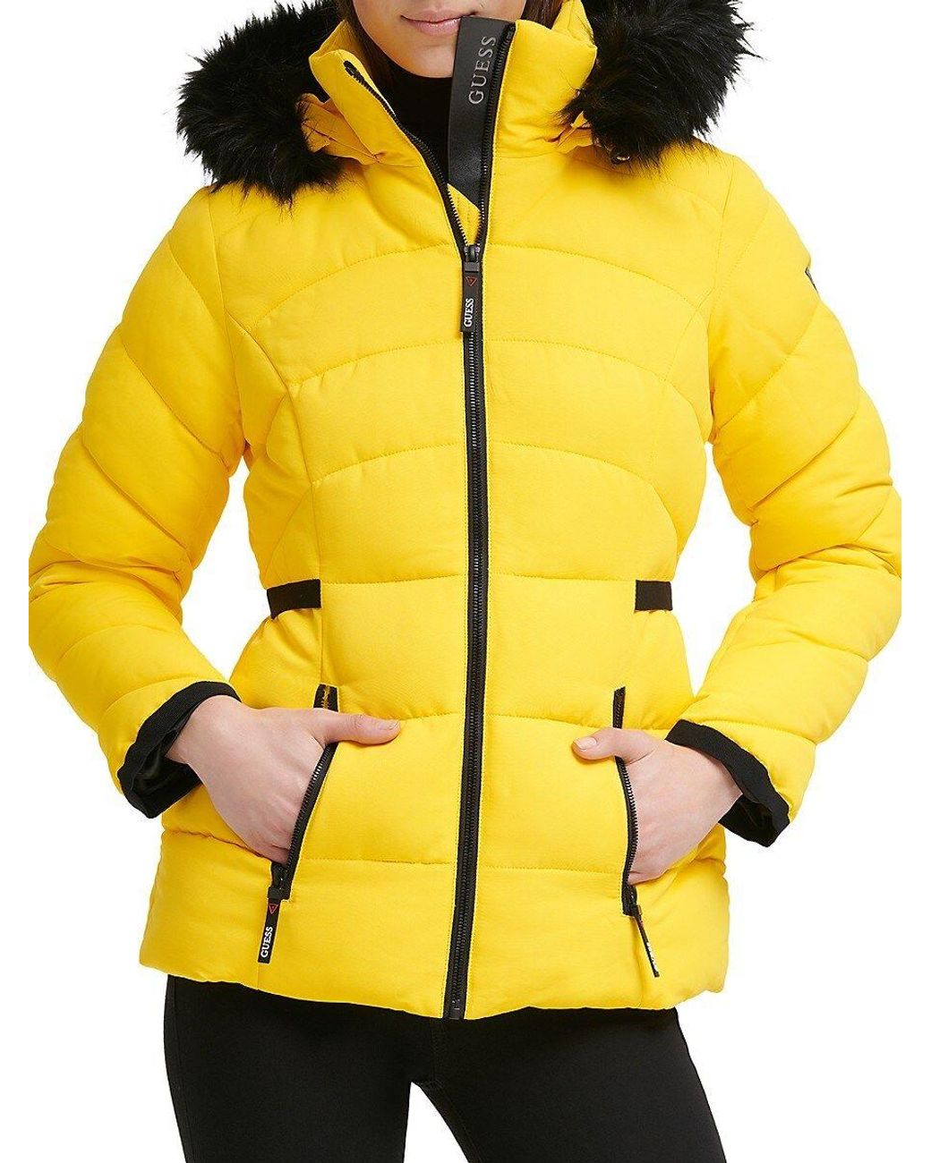 Mustard faux fur top trim hooded puffer jacket