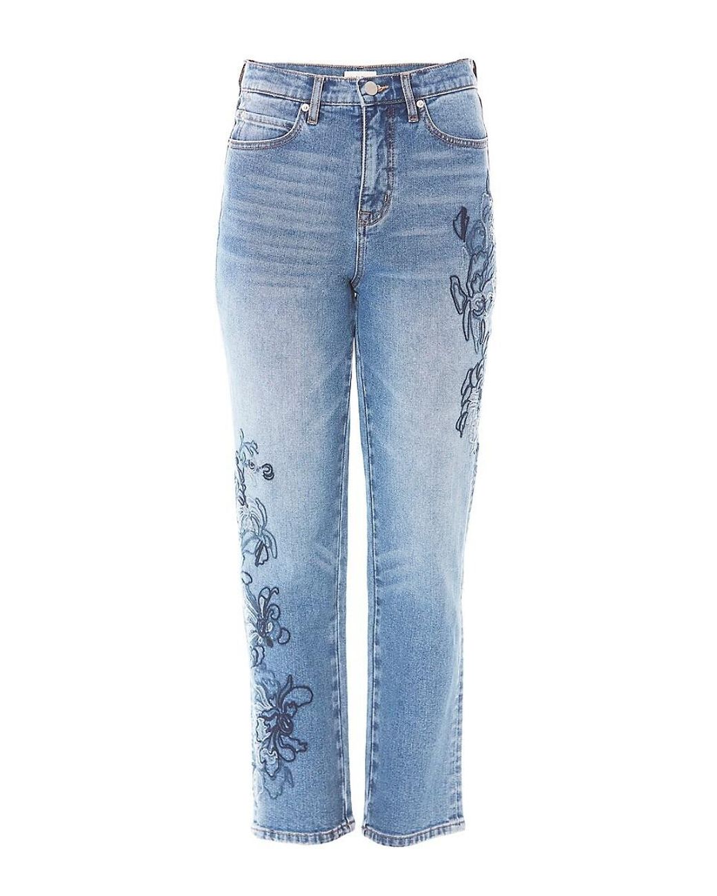 Nicole Miller Embroidered High Rise Slim Straight Jeans in Blue