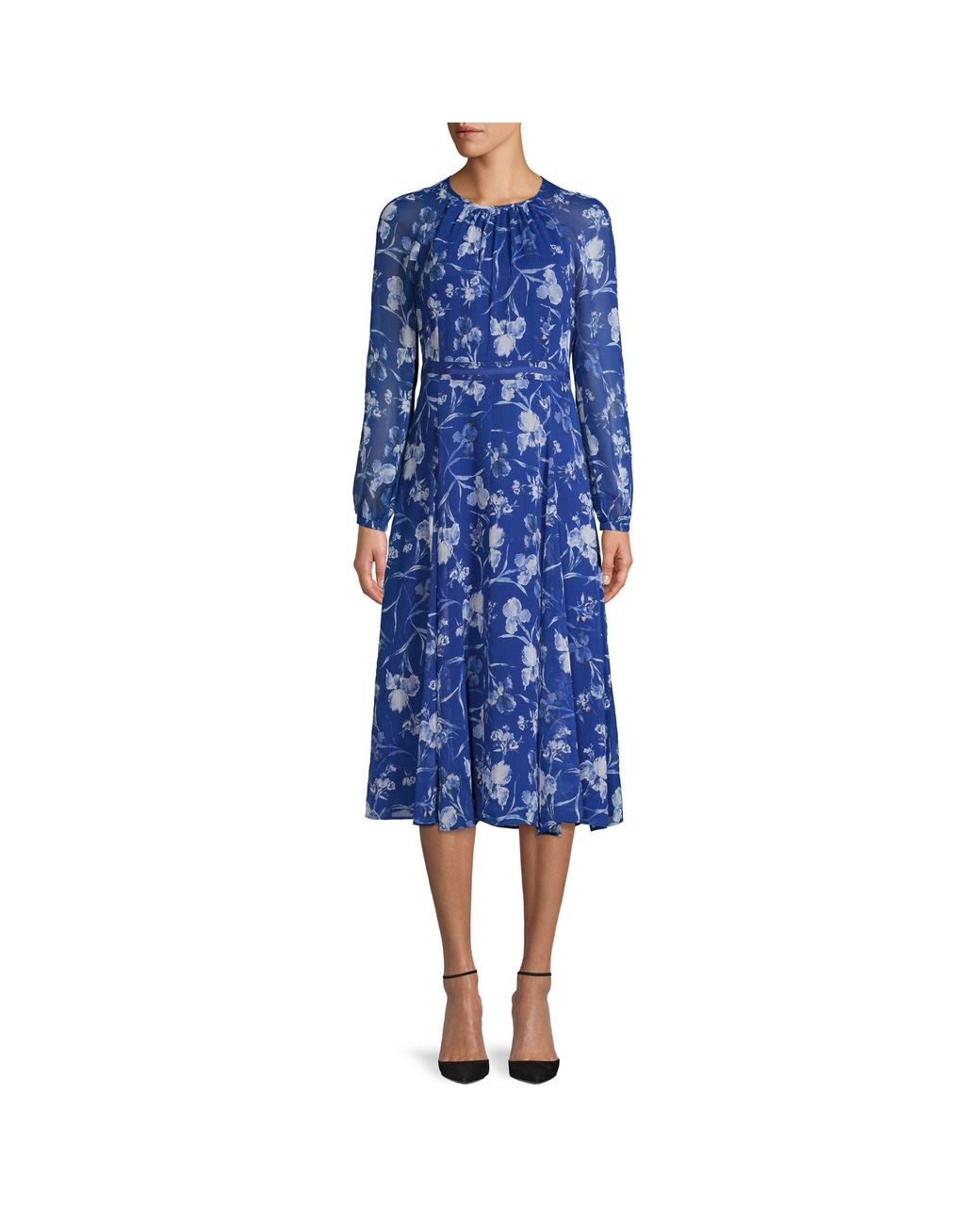 Tommy Hilfiger Floral Print 34 Sheer Balloon Sleeve Chiffon Midi Dress in Blue Floral (Blue) | Lyst