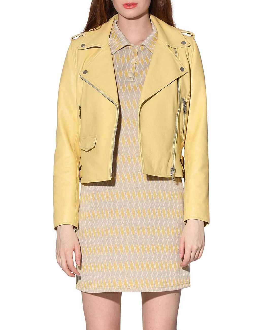 Bcbg yellow leather jacket sale