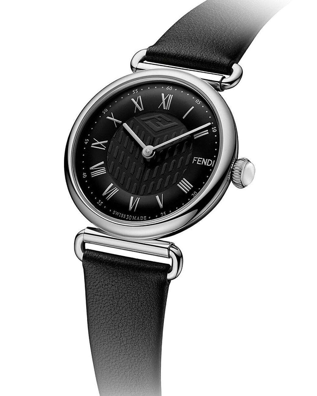 Fendi Leather Strap Roman Numeral Stainless Watch in Black