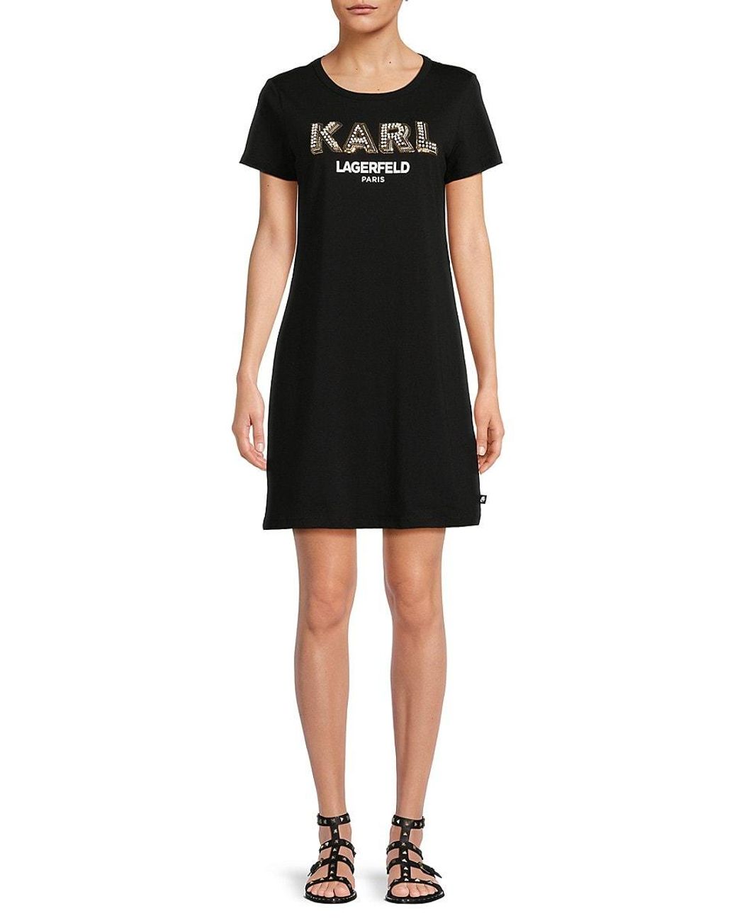 Karl Lagerfeld Embellished Logo T-Shirt Dress in Black | Lyst