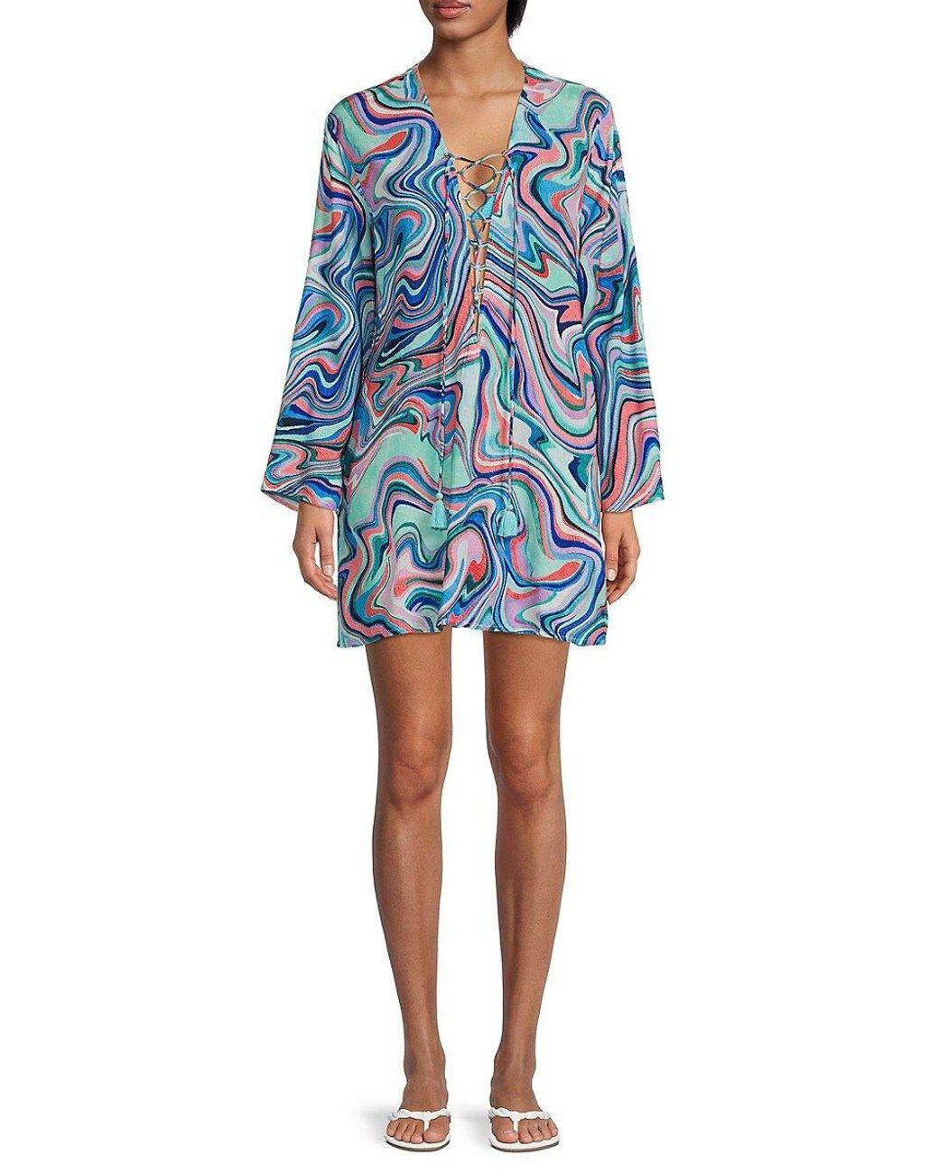 La Blanca Abstract Print Tie Neck Cover Up Tunic in Blue | Lyst