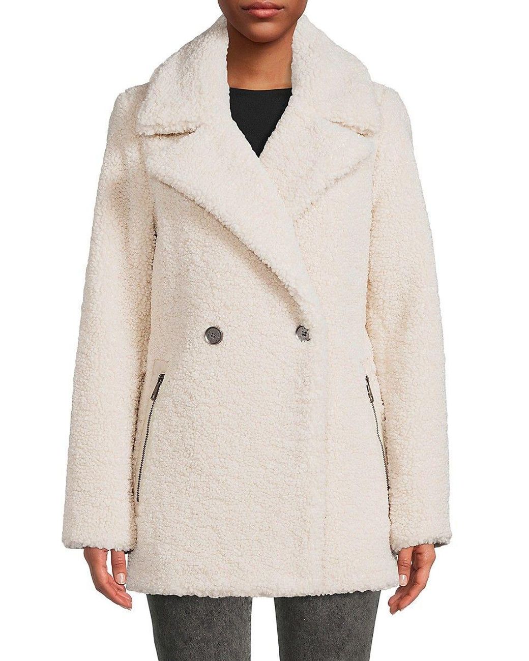 DKNY Double Breasted Faux Fur Coat in White | Lyst