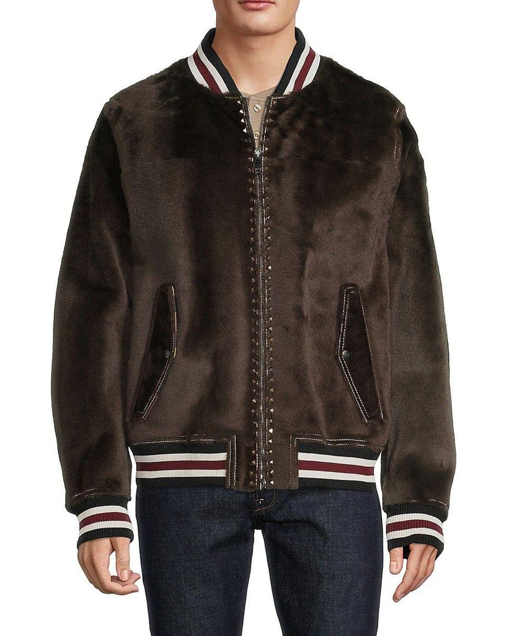 Valentino Sheep Fur Leather Letterman Jacket in Black for Men | Lyst