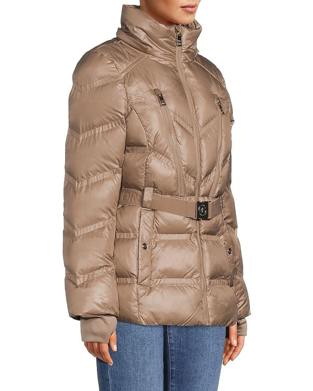 Belted Faux Fur Trim Puffer Jacket - Taupe