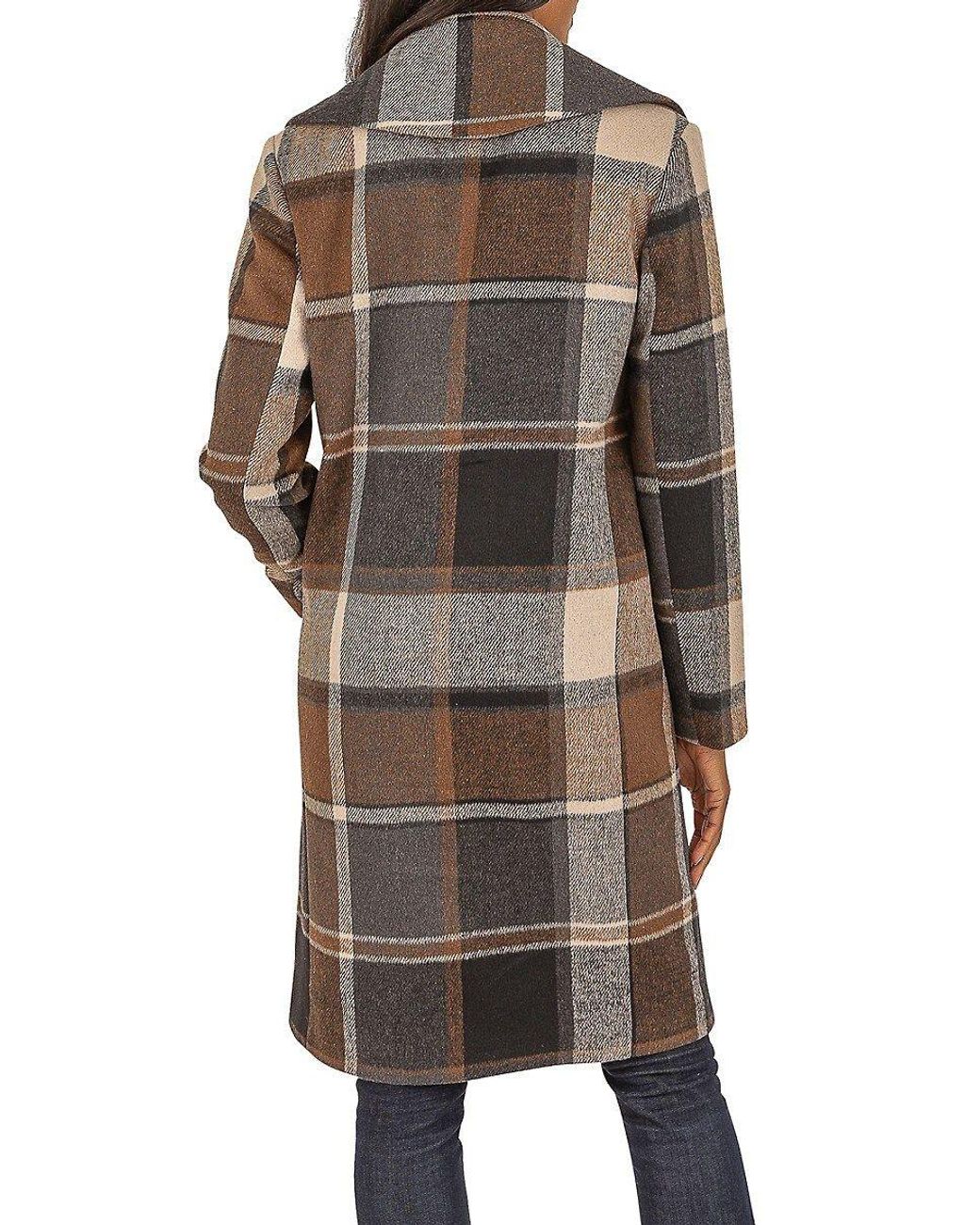 Kensie Plaid Longline Wool Blend Coat in Brown Lyst