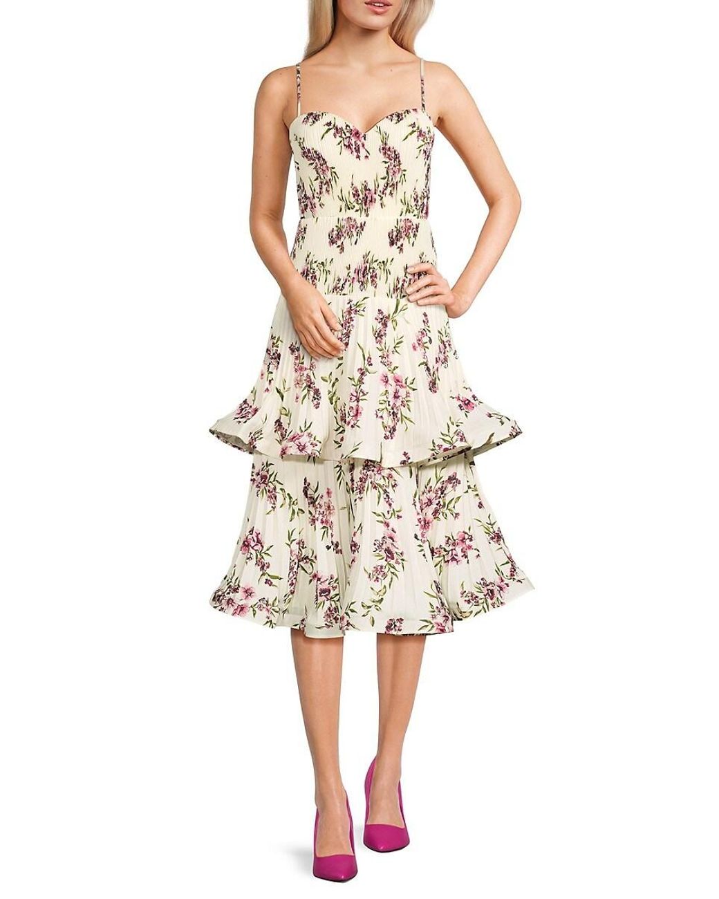 BCBGMAXAZRIA Floral Tiered Midi Dress in Natural Lyst UK