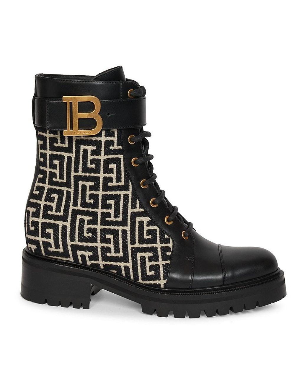 Balmain Romy Monogram Jacquard Leather Combat Boots in Black | Lyst