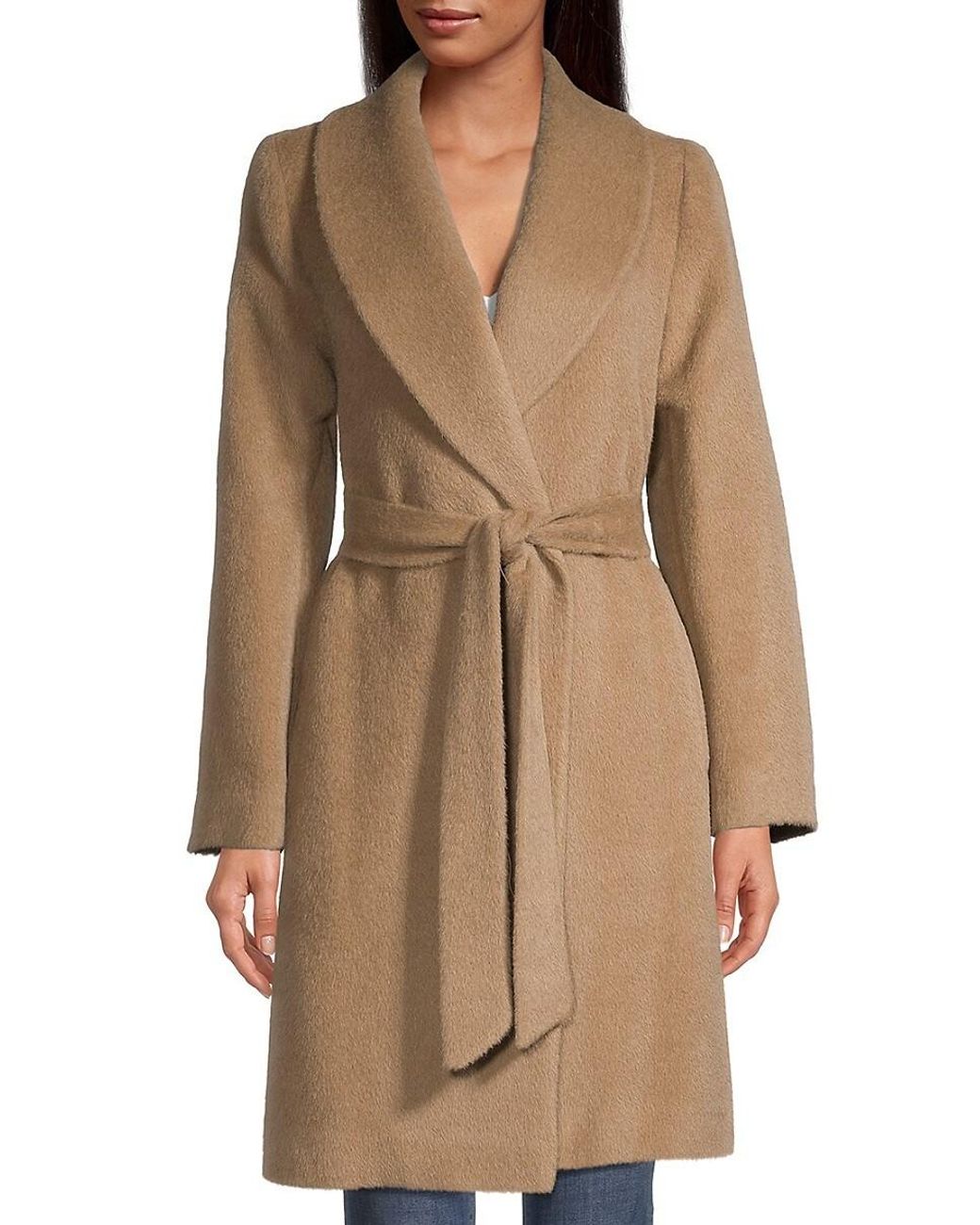 Sofia Cashmere Belted Shawl Collar Wrap Coat in Natural | Lyst
