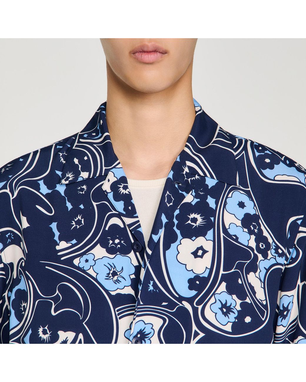 Sandro Blue Loose-Fit Print Shark Collar Shirt for men