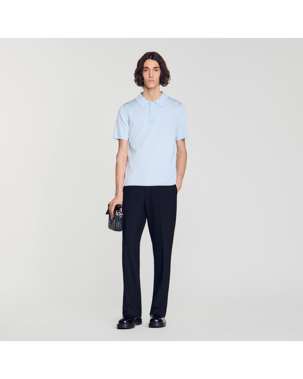 Sandro Blue Short-Sleeve Knitted Polo Shirt for men
