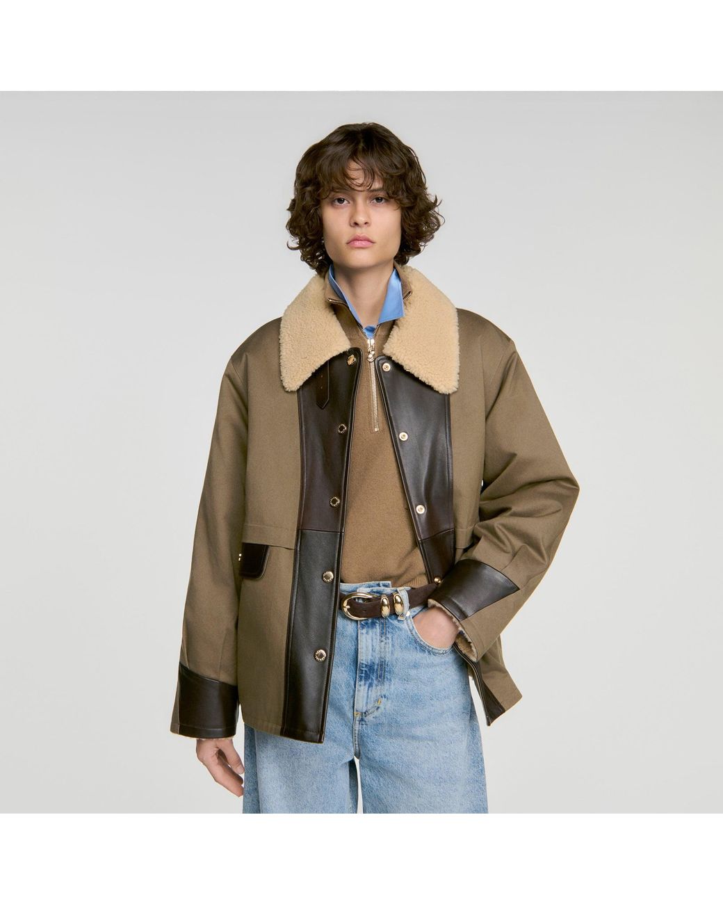 Sandro Blue Two-Tone Shearling Coat