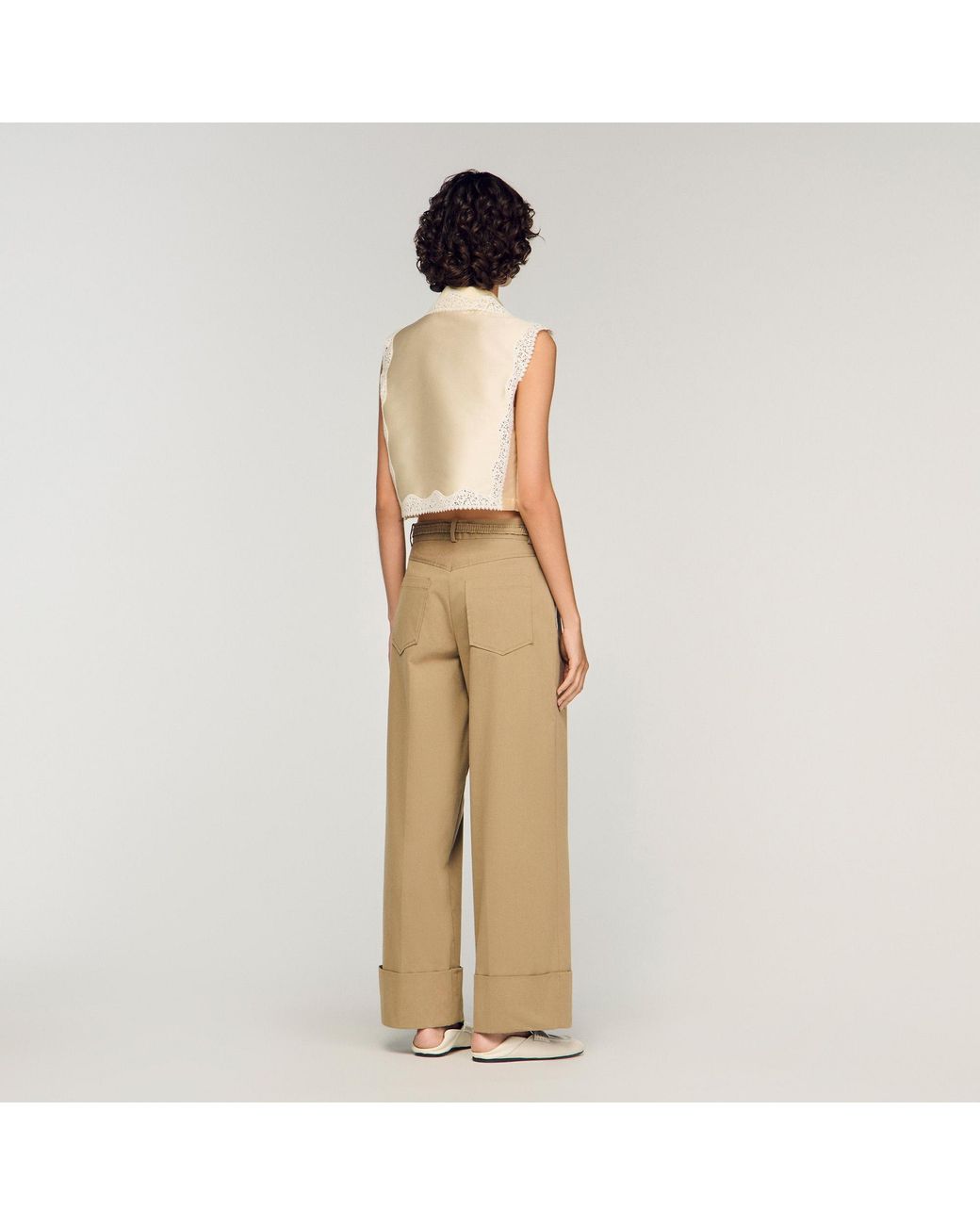 Sandro Natural Cropped Shirt With Lace Detail