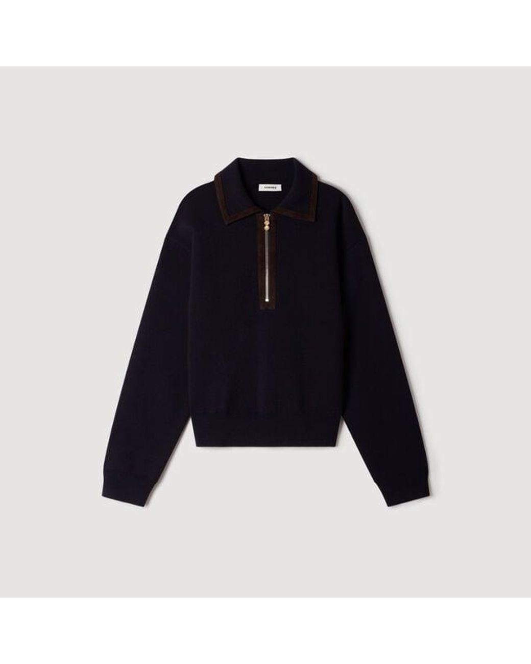 Sandro Blue Zip Polo Jumper With Suede Collar