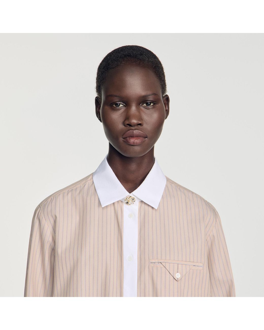 Sandro Natural Striped Shirt With Contrast Collar