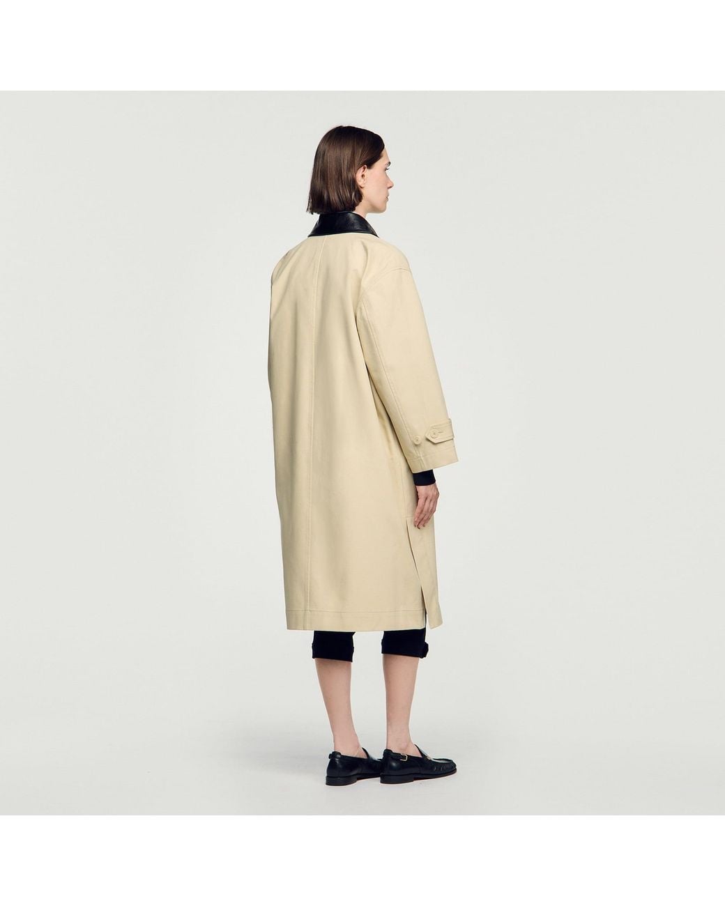 Sandro Natural Long Coat With Leather Collar