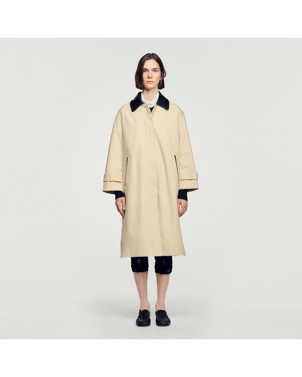 Sandro Natural Long Coat With Leather Collar