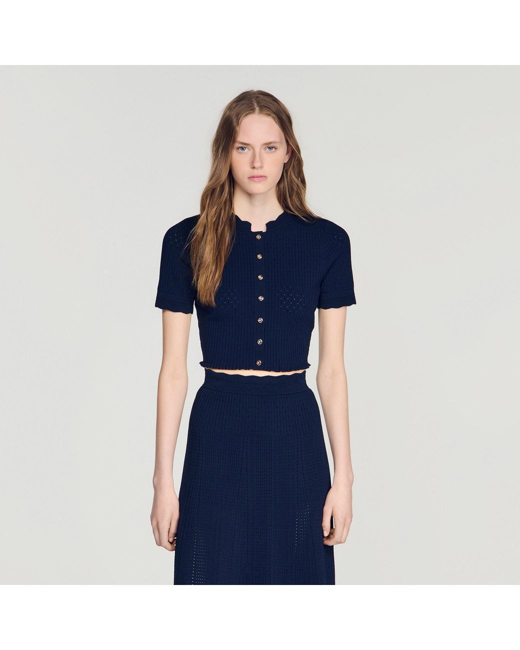 Sandro Blue Cropped Pointelle Knit Cardigan