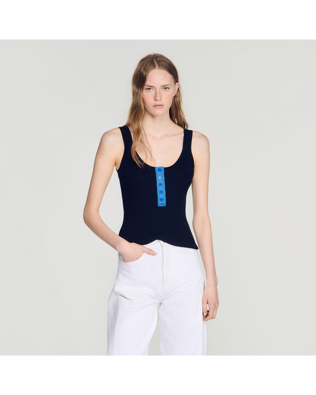 Sandro Blue Contrast Button Vest Top