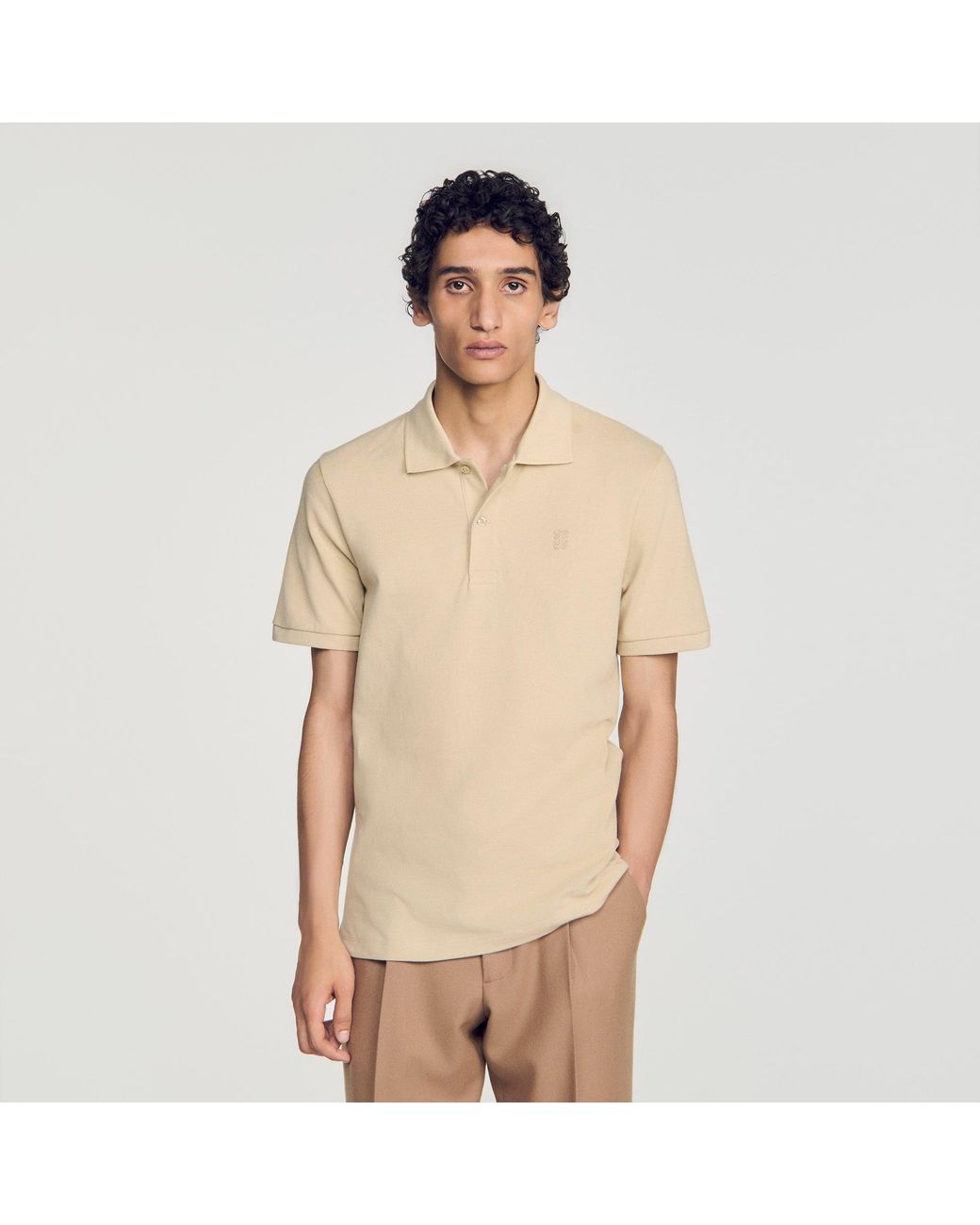 Sandro Natural Cotton Polo Shirt With Leather Logo for men